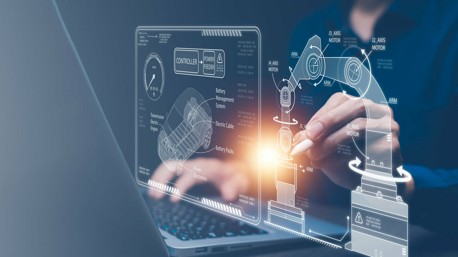 Industrial Engineer and AI, Artificial Intelligence concept, Manager Technical Industrial Engineer people and control robotics with monitoring system software and icon industry, Car EV technology